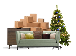 Boxes, Christmas tree, cabinet and couch
