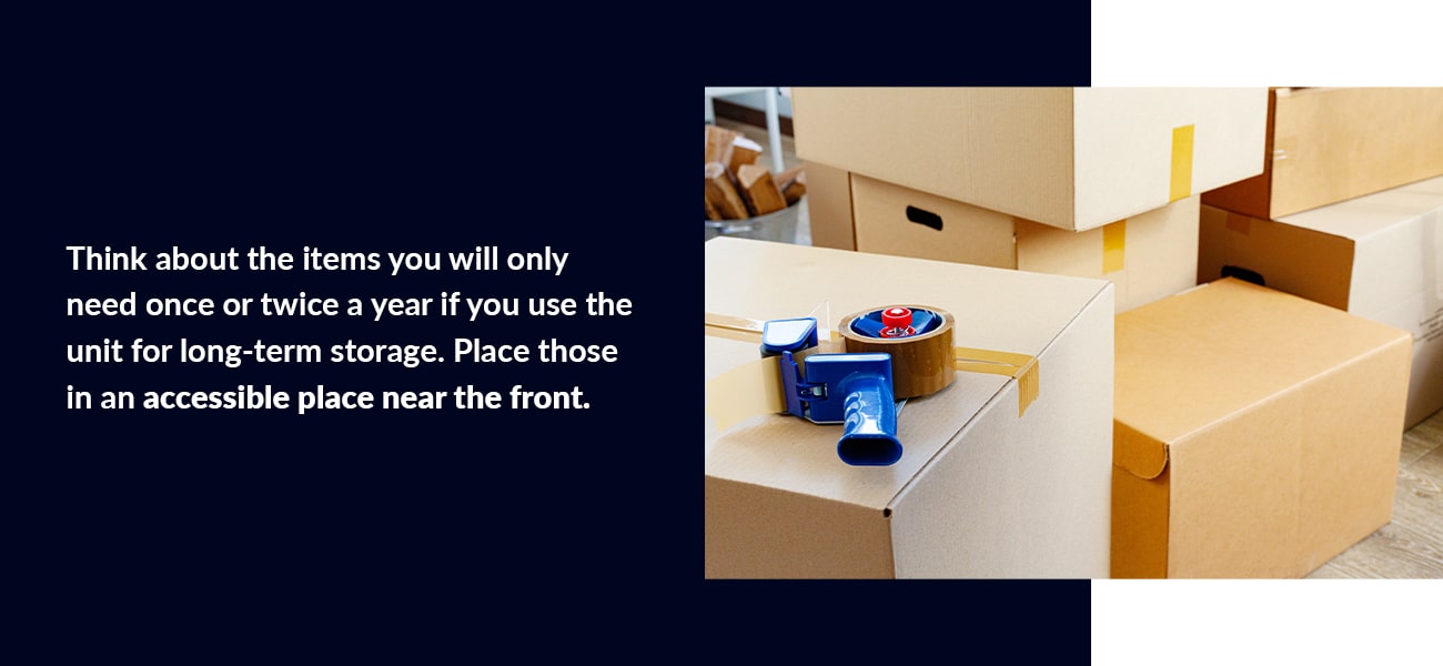 Think about the items you will only need once or twice a year if you use the unit for long-term storage. Place those in an accessible place near the front. 