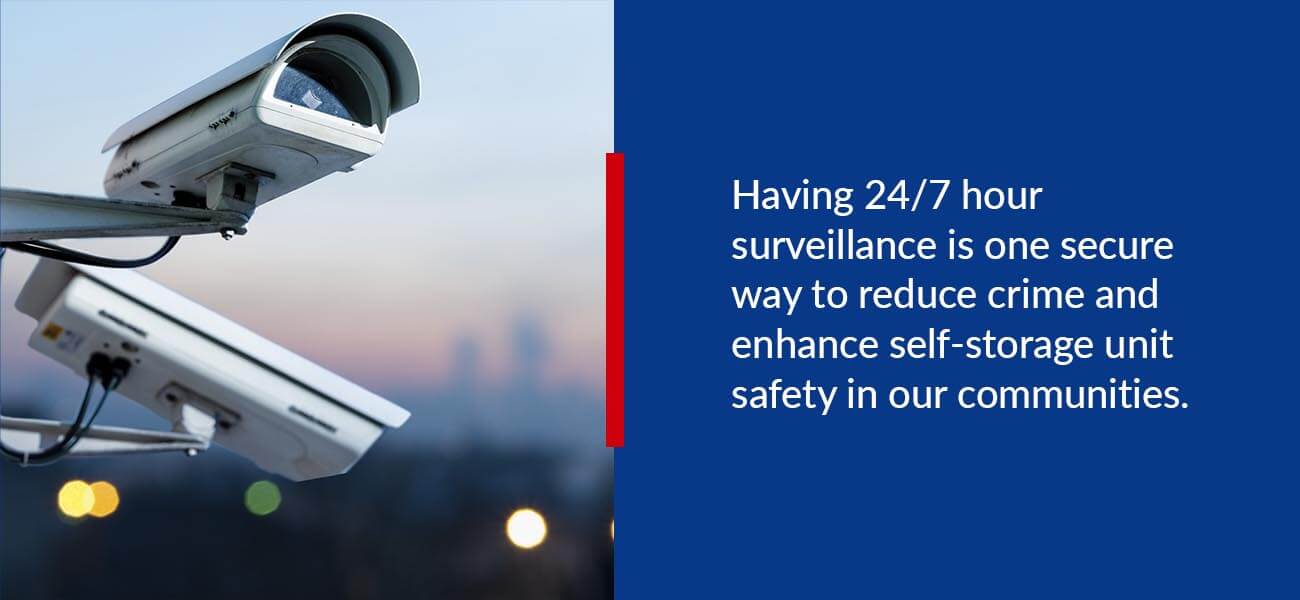 Having 24/7 hour surveillance is one secure way to reduce crime and enhance self-storage unit safety in our communities. 